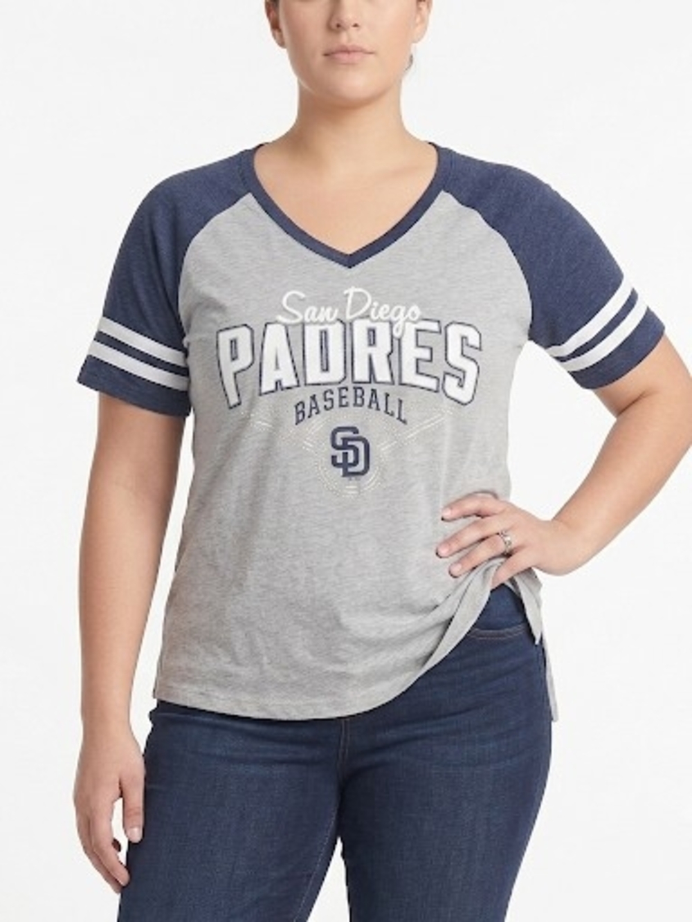 San Diego Padres Women's Grey & Navy V-Neck Raglan Top